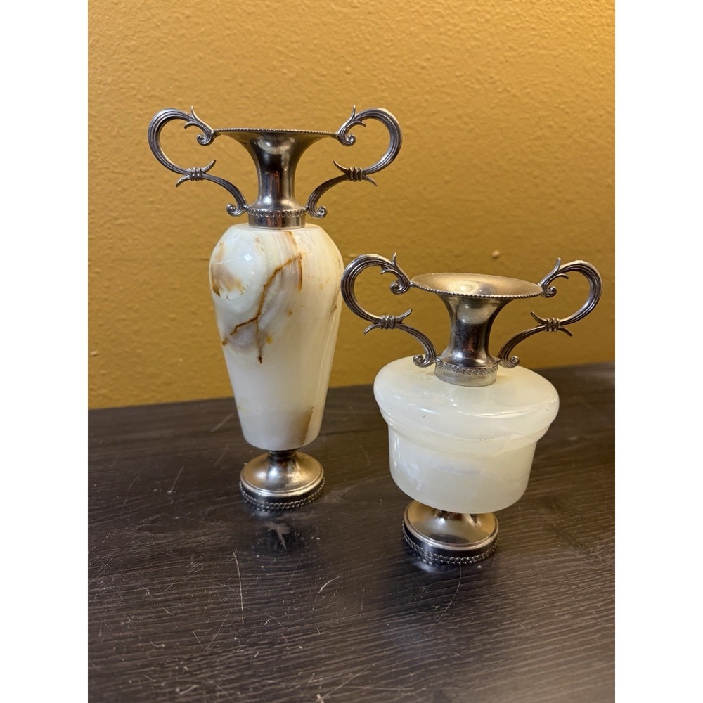 Vintage Onyx and Silver Miniature Amphora Vases MCM Stone Bud Urn Set 2pc